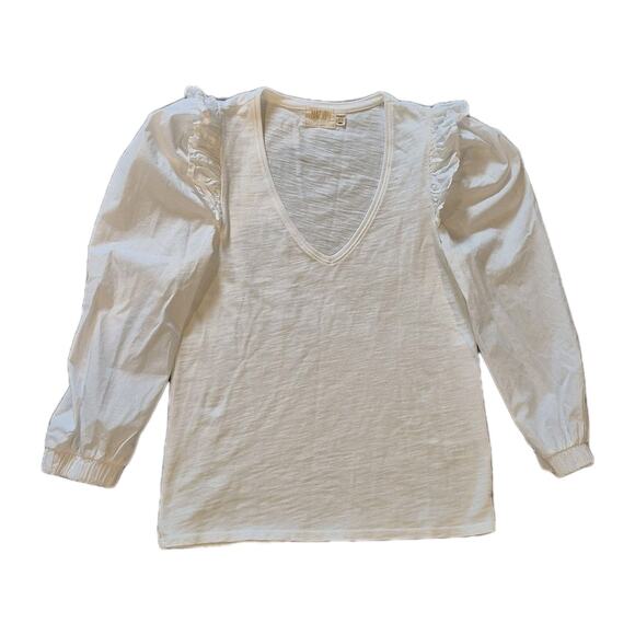 Nation LTD Remi Prim Combo Tee Size XS V-Neck Top Chic Ruffle Puff Sleeve White - Picture 2 of 10